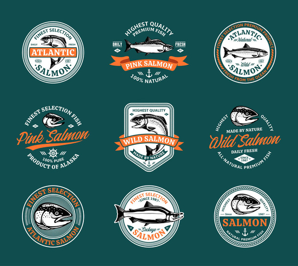 Vector salmon logo on a white background. Atlantic, chinook, sockeye, and pink salmon fish illustrations. Seafood labels design - Вектор,изображение
