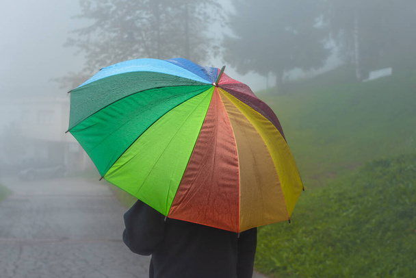man holding rainbow colored umbrella on foggy day in autumn season - Photo, Image