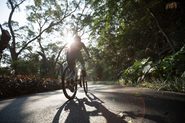 Nő kerékpározás kerékpárúton park napsütéses napon - Fotó, kép
