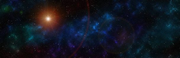Зоряне нічне небо космічний фон з туманністю у глибокому космосі та спалахом об'єктива
. - Фото, зображення