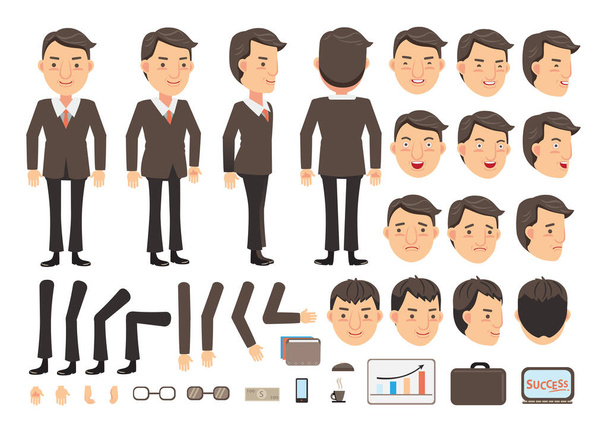 Üzletember üzletember karakterteremtő készlet. Ikonok különböző típusú arcok és frizura, érzelmek, első, hátsó, oldalnézeti férfi személy. Mozgó karok, lábak. Vektorillusztráció - Vektor, kép