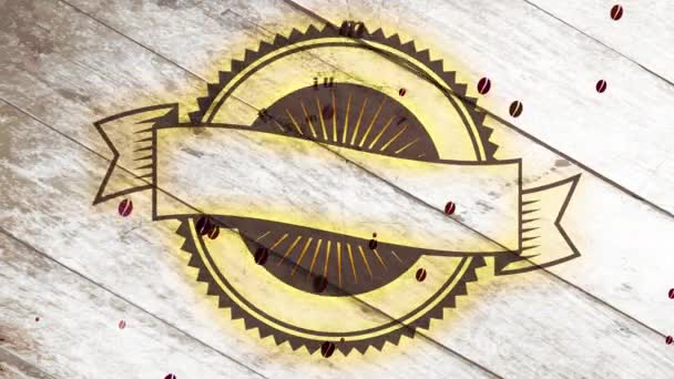 Liniowa Skalowanie Animacja kawiarni Latte Specjalność Nauka Oferowanie 100 Procent Fancy Jakość Zabezpieczone z Vintage Disk izolowane na drewnie - Materiał filmowy, wideo