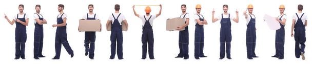 panoramic collage of skilled handyman isolated on white - Fotoğraf, Görsel