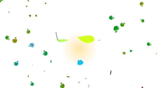 stuiteren platte elementen vormen gelukkig jong meisje vliegen op een ronde perzik groter dan haar zwaaien naar de camera en glimlachen met kleine groene en blauwe appels zweven op de achtergrond - Video