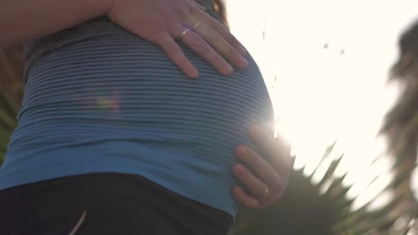 Schöne Frau hält schwangeren Bauch am Meeresufer bei Sonnenuntergang  - Filmmaterial, Video
