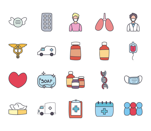 Opieka medyczna i covid 19 wirus płaski styl ikona zestaw wektor projektu - Wektor, obraz