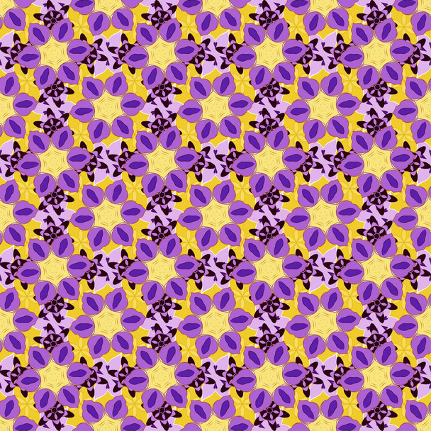 紫、黄色、紫の色でシームレスな花の壁紙。手描きの野花。シームレスなパターンは、 Webページの背景、表面テクスチャ、ファブリックに使用できます。. - ベクター画像