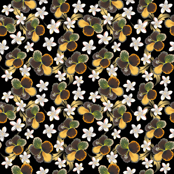 Vintage-Stil. Tropische Blüten, Hibiskusblätter, Hibiskusknospen, nahtlose Vektorflorale auf schwarzem Hintergrund in grünen, gelben und grauen Farben. - Vektor, Bild