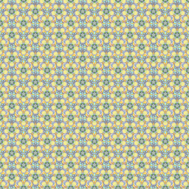 Seamless pattern in ditsy style. Organic motif background in yellow, blue and gray colors. Cute illustration. - Wektor, obraz
