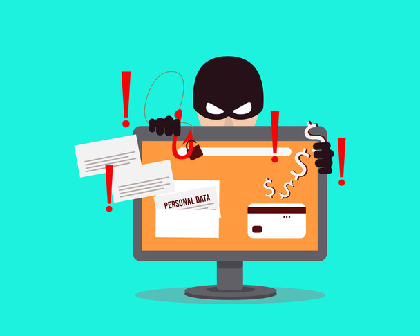 Un hacker informático que roba dinero y datos personales en Internet. Delito web con piratería de contraseñas. Ilustración vectorial
. - Vector, imagen