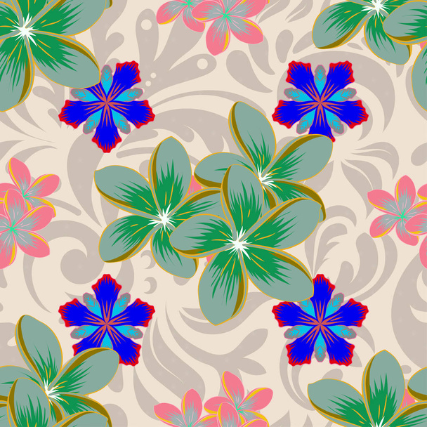 Doodle sketch style, hand-drawn illustration. Seamless floral pattern with flowers, leaves, decorative elements, splash, blots and drop in yellow, pink and blue colors. - Vector, Image