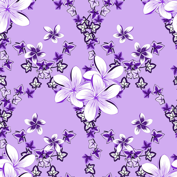 Vector illustration. Seamless pattern with cute plumeria flowers in violet and blue colors. - Vecteur, image