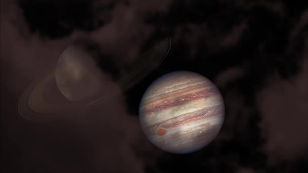 Jupiter et Saturne sur le ciel nocturne et le nuage orange clair en mouvement passe
 - Séquence, vidéo