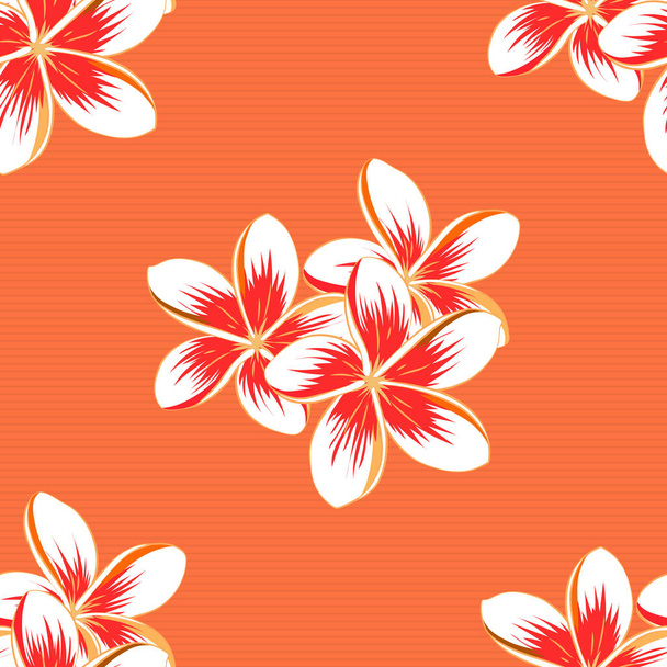 Motif sans couture avec des fleurs plumeria d'été décoratives en blanc, orange et rouge, illustration aquarelle. - Vecteur, image