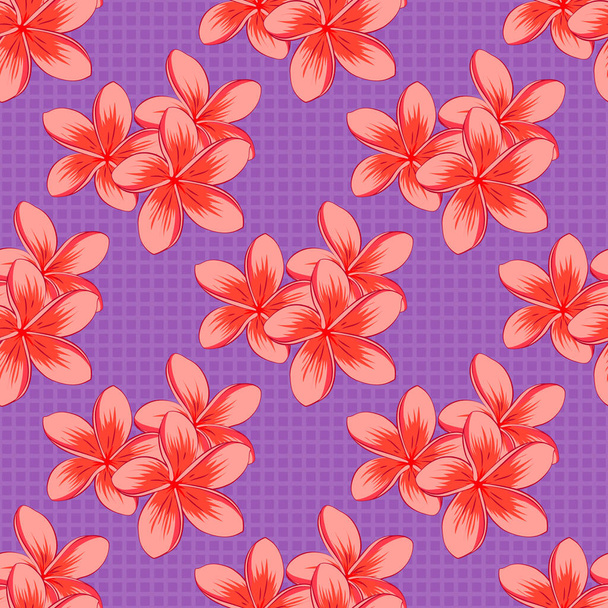 Vector seamless pattern with plumeria flowers in red, pink, orange and violet colors. Watercolor floral background. Textile print for bed linen, jacket, package design, fabric or fashion concept. - Вектор,изображение