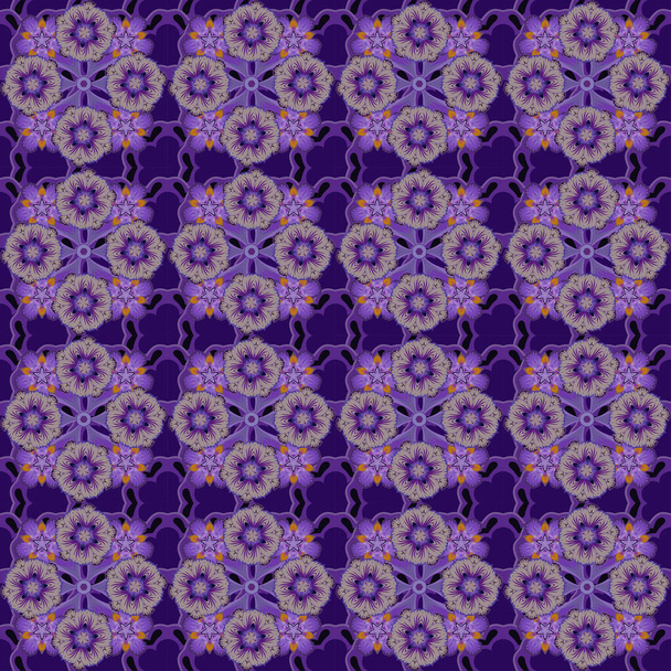 Rasterillustratie. Abstracte elegantie naadloos patroon met bloemmotieven in grijze, blauwe en violette kleuren. - Vector, afbeelding