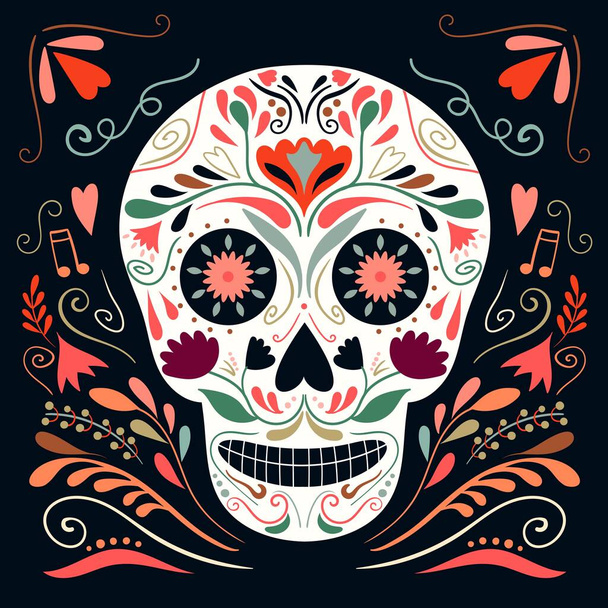 Dag van de Dood / Dia de los muertos poster met decoratieve schedel op zwarte achtergrond - Vector, afbeelding