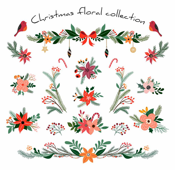 季節のガーランドと白に隔離された花束とクリスマスの花のコレクション - ベクター画像