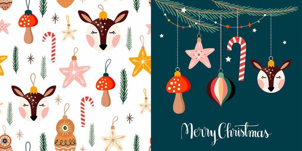 Conjunto de Natal com padrão sem costura sazonal bonito e cartão / convite com letras de mão
 - Vetor, Imagem