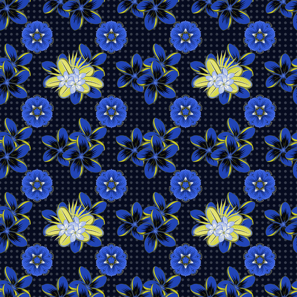 ベクトルイラスト。緑、青、黒の色で様式化されたプルメリアの花とシームレスな花パターン. - ベクター画像