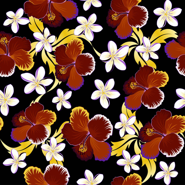 Helder hawaiiaans ontwerp met vector tropische planten en hibiscus bloemen in rode, gele en grijze kleuren op een zwarte achtergrond. - Vector, afbeelding