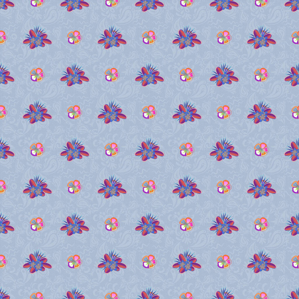 Bloemen vintage naadloos patroon in roze en blauwe kleuren. Rasterillustratie. - Vector, afbeelding