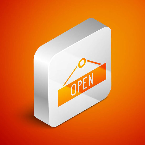 Ізометричний знак підвіски з текстом Відкриті двері ізольовані на помаранчевому фоні. Срібна квадратна кнопка. Векторна ілюстрація
 - Вектор, зображення
