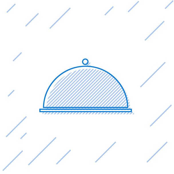 青い線白い背景に隔離された食品アイコンのトレイで覆われています。トレイと蓋。蓋付きのレストランクロッシュ。台所用品のシンボル。ベクターイラスト - ベクター画像