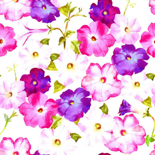 Petunia pink and lilac flowers, watercolor raster seamless pattern for textile, wrapping paper, greeting card. - Фото, зображення