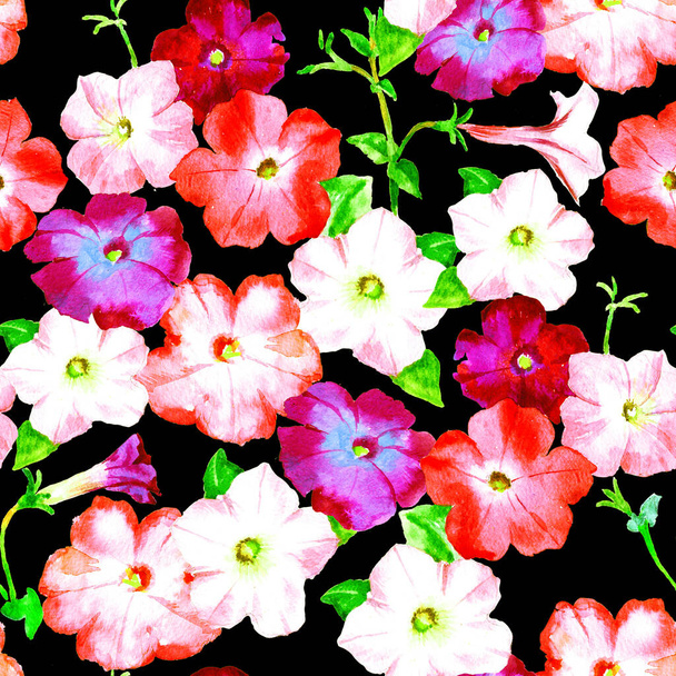 Petunia pink and lilac flowers, watercolor raster seamless pattern for textile, wrapping paper, greeting card. - 写真・画像