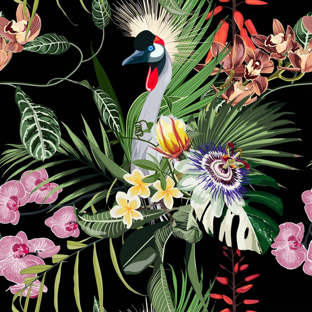 Egzotikus madarak, szenvedélyes virágok, szörnypálmalevelek, fekete háttér. Virágos, zökkenőmentes minta. Trópusi illusztráció. Egzotikus növények, madarak. Nyári strand dizájn. Paradicsomi természet. - Vektor, kép