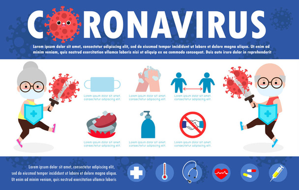 Coronavirus 2019-nCoV infographic, oireet koronavirus ja ennaltaehkäisyvinkkejä vanhuksilla.CoVID-19 viruksen puhkeaminen leviäminen, terveys ja lääke.Virussuoja. ehdottaa ja suoja Vektorin havainnollistaminen
 - Vektori, kuva