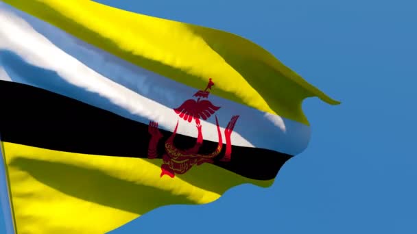 Brunein lippu lepattaa tuulessa sinistä taivasta vasten.
 - Materiaali, video