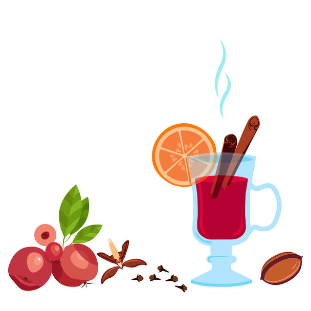 Mulled wine with a glass of drink and ingredients. Apple branch. Vector flat illustration on a white background. Food Design Element. - Vector, Image