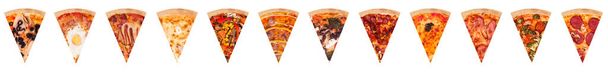 Wielki zestaw plasterków pizzy ułożonych w rzędzie. Zdjęcie różnych pizzy dla karty menu, sklep, reklama lub dostawa fast food - Zdjęcie, obraz