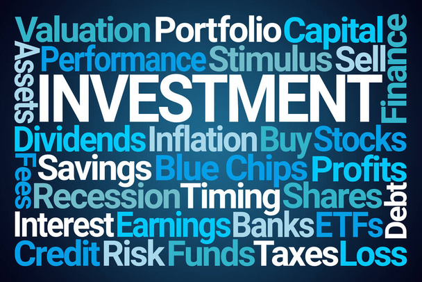 Investment Word Cloud op blauwe achtergrond - Foto, afbeelding
