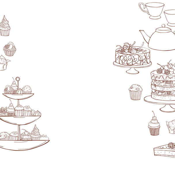 ベーカリー製品の背景。ティーポット、カップ、ケーキ、マフィン。ベクトルスケッチイラスト. - ベクター画像