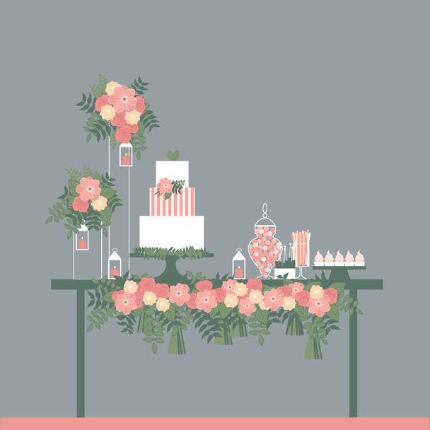 Barra de doces de casamento com bolo e flores. Mesa de sobremesa. Ilustração vetorial. - Vetor, Imagem