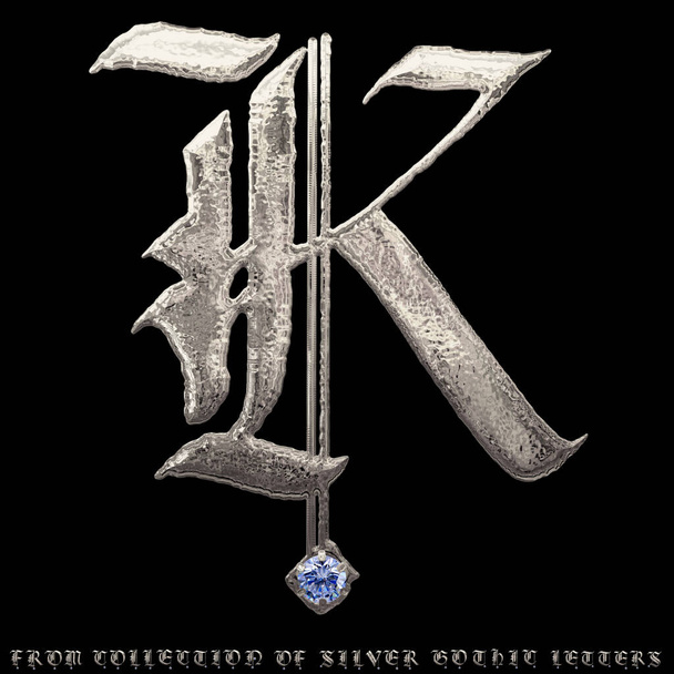 Stříbrné písmeno K v gotickém stylu zdobené modrým diamantem izolovaným na černém pozadí s oříznutou stezkou. 3D vykreslování. Z platinové gotické sbírky latinské abecedy pro text a design - Fotografie, Obrázek