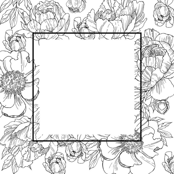 Floraler Vektorrahmen mit handgezeichneten Blumen und Blättern. Skizzenillustration - Vektor, Bild