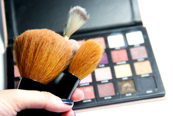 Maquiagem paleta e mistura de escovas sobre fundo branco
 - Foto, Imagem