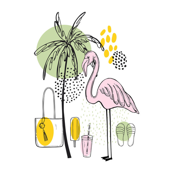 Tropik yaz. El yapımı flamingolar ve palmiye ağaçları. Vektör çizimi çizimi. - Vektör, Görsel