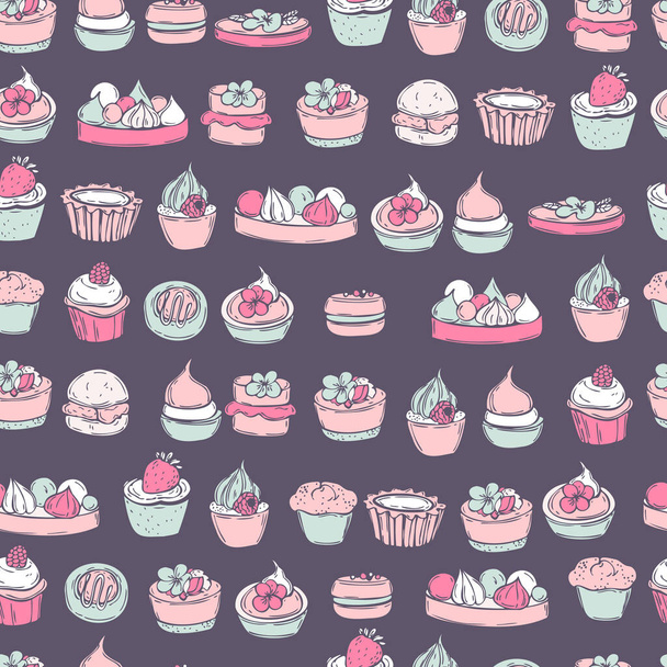 Hand drawn bakery products.  Cookies,  cupcakes. Vector  seamless pattern - Vector, Image