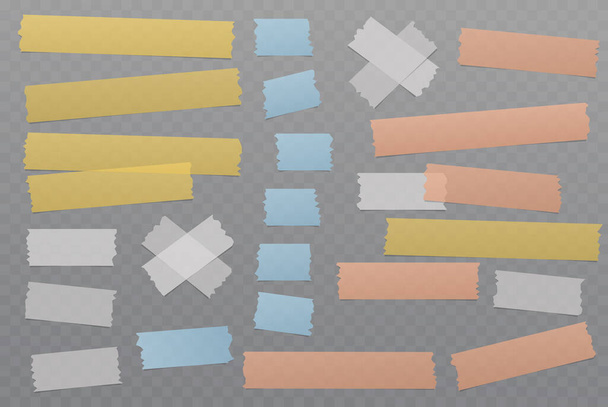 Bílé a barevné různé velikosti lepidlo, lepidlo, maskování, lepicí páska, kousky papíru jsou na šedém pozadí - Vektor, obrázek