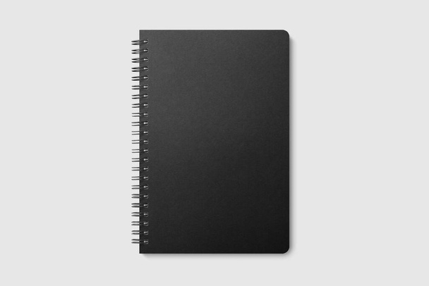 Real photo, spiral bound notepad mockup template with black paper cover, isolated on light grey background. High resolution. - Photo, Image