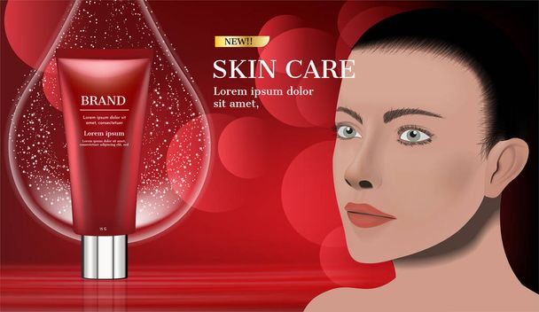 Red facial foam with big water drop and lady face on red background - Vector, Image