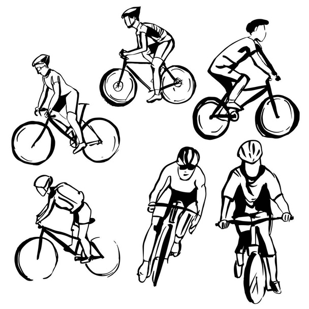 Kézzel rajzolt kerékpárosok. Vektorvázlat illusztráció. - Vektor, kép