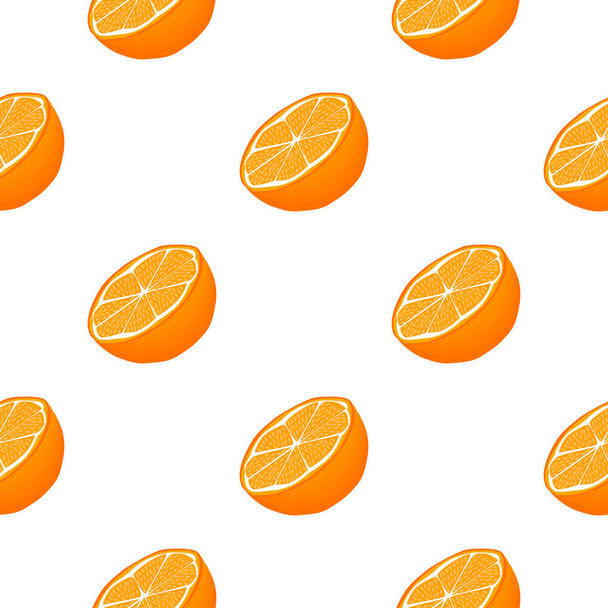 大きな色のシームレスオレンジをテーマにしたイラスト、シールのための明るいフルーツパターン。美しいシームレスリピートオレンジで構成されるフルーツパターン。シームレスオレンジからシンプルなカラフルなパターンフルーツ. - ベクター画像