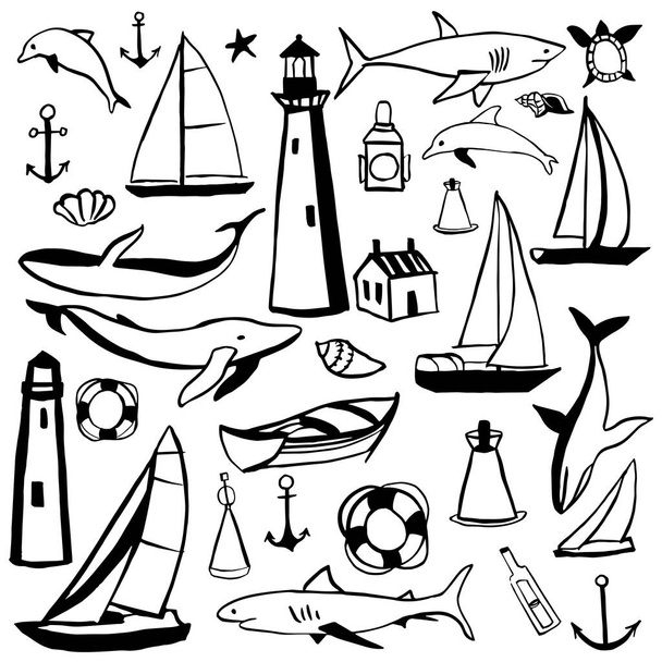 Hand drawn nautical icon set.Vector sketch  illustration. - Vector, Image