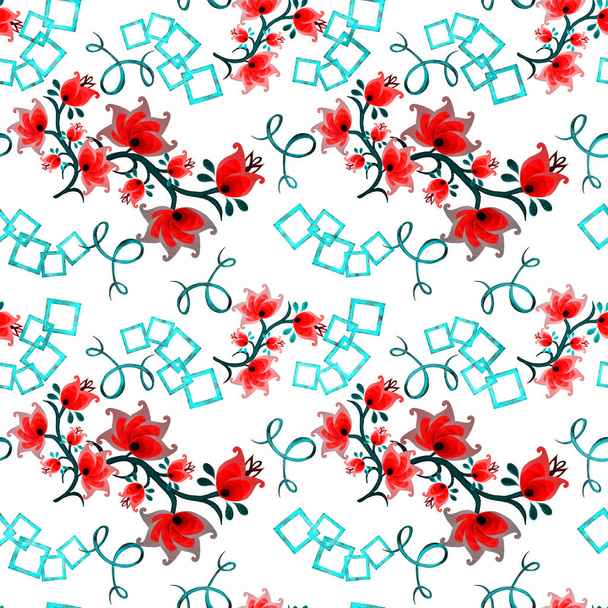Watercolor seamless pattern with stylized flowers and decorative elements. Ornamental background based on ethnic asian patterns. Bandana print. - Zdjęcie, obraz